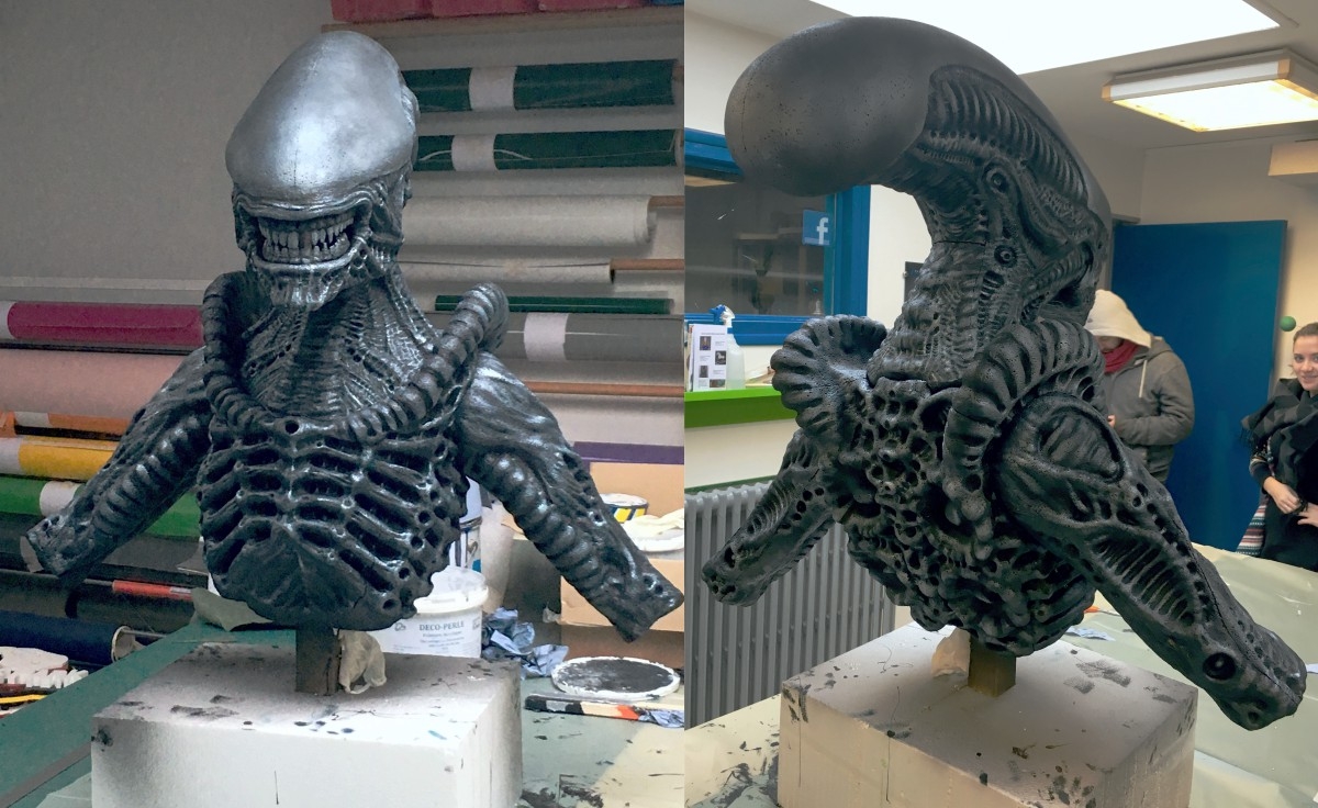 Usinage d’un alien — Modélisation 3D et usinage d’un alien - polystyrène expansé usiné et peinture - hauteur 1 m.