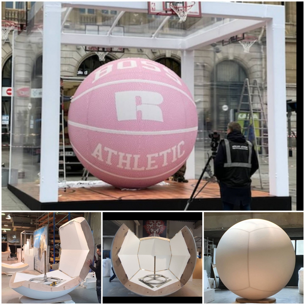 Ballon de basket, 3m de diamètre, en polystyrène + bois recouvert de lycra imprimé.