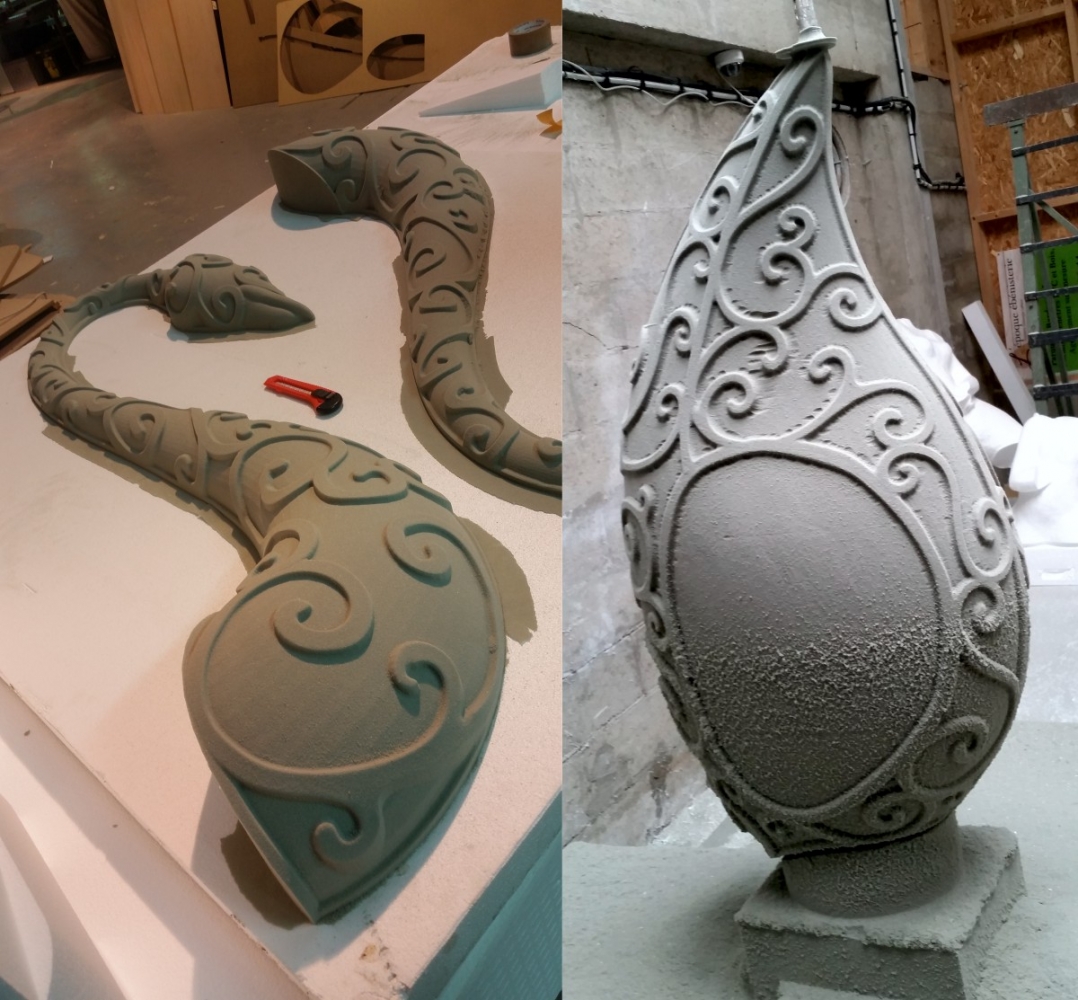 Usinage d’un cygne stylisé en mousse polyuréthane 80 Kg/m3 - Disney - Hauteur 1 m.