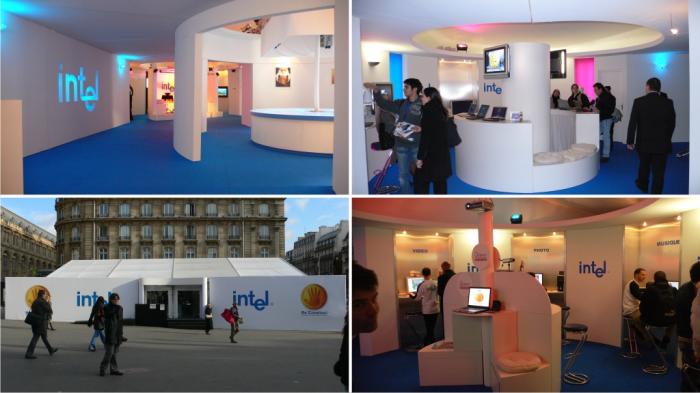 Stand Intel - design — Etude, conception, fabrication et installation d’une exposition sur 300 m². Polystyrène, bois, métal, PVC...