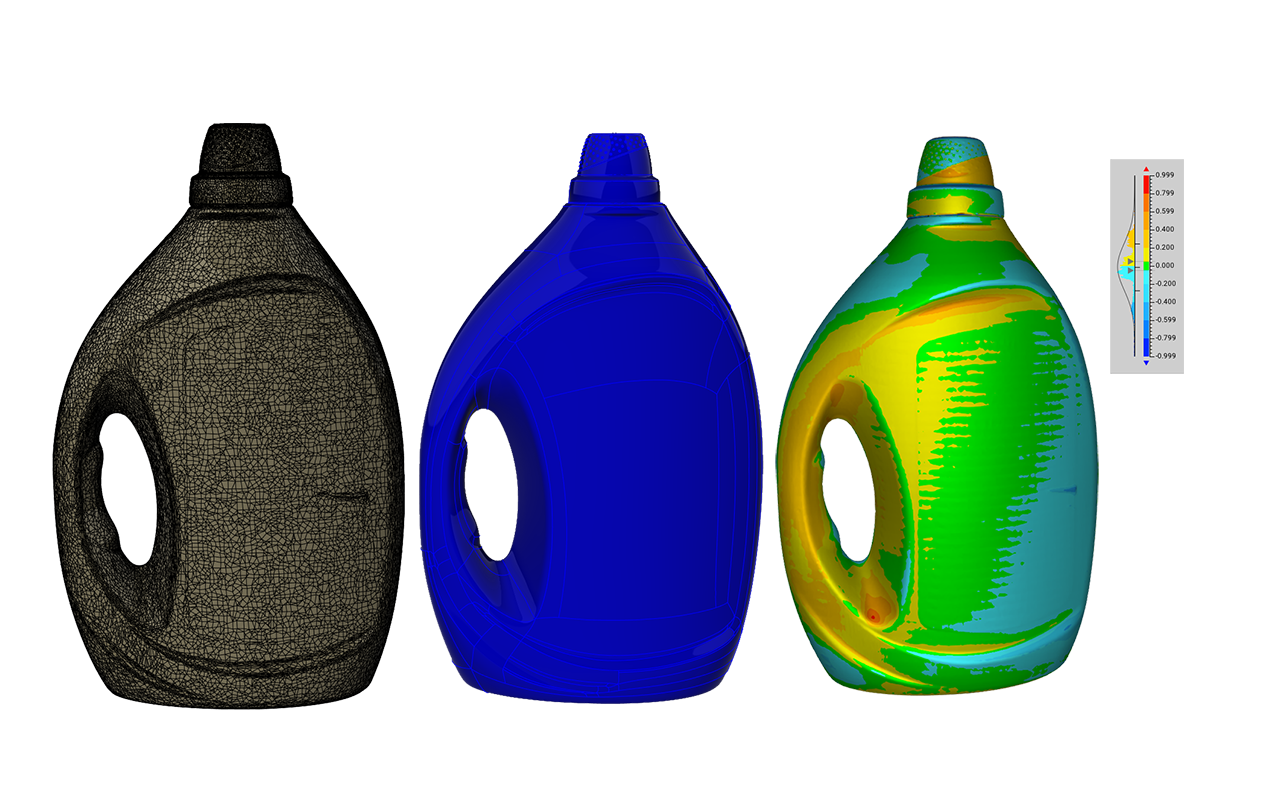 Rétroconception et contrôle d'une bouteille : maillage après numérisation (à gauche), surfacique après reconstruction (au centre), comparaison des deux (à droite)