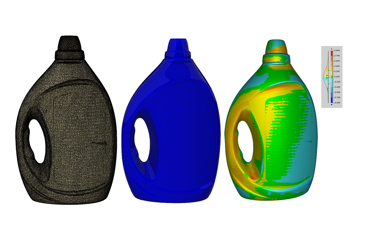Rétroconception et contrôle d'une bouteille : maillage après numérisation (à gauche), surfacique après reconstruction (au centre), comparaison des deux (à droite)
